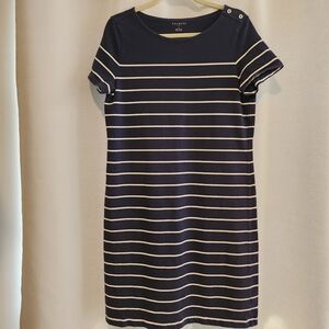 Talbots 100% Cotton Short Sleeve Navy Blue and White Striped Midi Dress Buttons